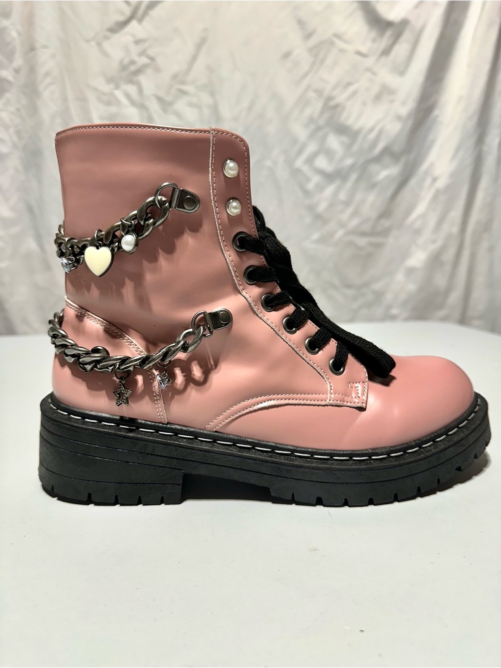 SUGAR Pink Chain Charm Combat Boots | Coquette Grunge Fairycore Moto